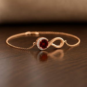 Könnte beinhalten: Ein Armband aus Roségold mit einem zentralen Unendlichkeitssymbol als Motiv. Das Design umfasst einen runden, tiefroten Granat-Edelstein in einer Krappenfassung, der teilweise von einer Mondsichel aus kleinen, klaren, funkelnden weißen Diamanten umgeben ist.