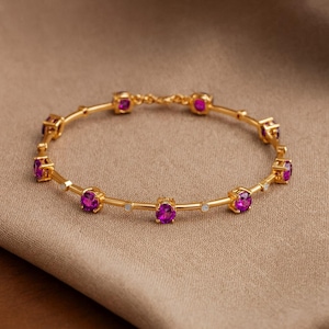 Pulsera de amatista / Piedra de nacimiento de febrero, diamantes cultivados en laboratorio, plata de ley bañada en oro de 18 quilates