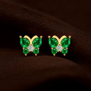 Butterfly Natural Emerald & Diamond Stud Earrings – 18K Gold Plated Silver | Lab-Grown Diamond