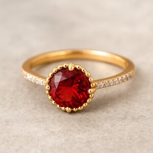 Natural Ruby Solitaire Ring | July Birthstone, Lab Grown Diamonds, 18KT Gold Plated Sterling Silver