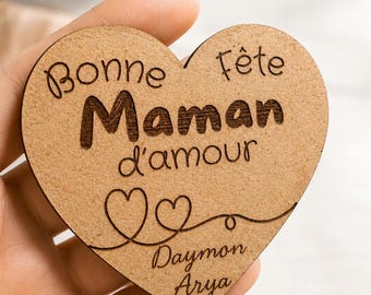 Aimant frigo cœur en bois personnalisé – Bonne fête maman – Cadeau fête des mères – Magnet maman