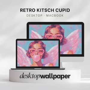May include: A desktop computer and laptop display a digital art print of a woman with pink heart-shaped sunglasses, angel wings, and a bubblegum bubble. The text "RETRO KITSCH CUPID" and "desktopwallpaper" are also visible.