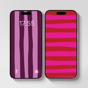 Peut inclure: Deux smartphones affichés côte à côte. Le téléphone de gauche présente un fond d'écran à rayures verticales violettes et rose clair avec l'heure 17:55. Le téléphone de droite présente un motif à rayures horizontales rouges et rose vif.