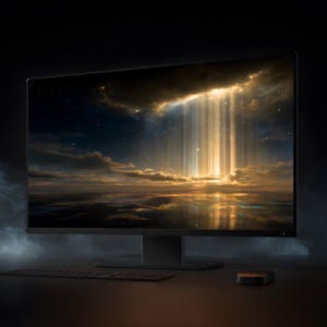 以下が含まれることがあります： ドラマチックな空と光の筋が映し出された、現代的なコンピューターモニター。キーボードと小さなデバイスがモニターの前にあります。セットアップは暗い表面にあります。