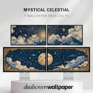 Puede incluir: Cuatro monitores de ordenador que muestran fondos de pantalla con temática celestial. Los fondos de pantalla presentan un cielo nocturno con estrellas, nubes y una luna. La parte superior de la imagen tiene el texto "MYSTICAL CELESTIAL 7 WALLPAPER PACK (16:9)" y la parte inferior tiene el texto "dualscreenwallpaper".