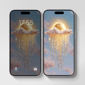 Pode incluir: Dois smartphones exibidos lado a lado, ambos com um papel de parede digital de um sol dourado brilhante sobre uma nuvem, com raios de luz dourados caindo sobre um céu azul e rosa. A tela esquerda mostra o horário 17:55.