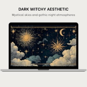 Könnte beinhalten: Ein Laptop zeigt ein dunkles, hexenhaftes ästhetisches Design. Das Bild zeigt eine Himmelslandschaft mit Sonne, Sternen und einem Halbmond vor einem dunkelblauen Hintergrund. Der Text "DARK WITCHY AESTHETIC" und "Mystical skies and gothic night atmospheres" stehen oben.