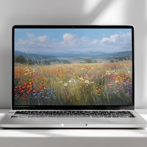 May include: Laptop displaying a vibrant landscape painting of a wildflower meadow under a blue sky with fluffy clouds. The artwork features a field of colorful flowers, including red, yellow, and purple blooms, with rolling hills in the background.
