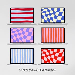 May include: Six silver laptops arranged in two columns, each displaying a unique digital wallpaper. Patterns include red and light blue horizontal stripes, blue and cream checkerboard, purple and pink checkerboard, orange and pink vertical stripes, light blue and white vertical stripes, and red and pink checkerboard. Text at the bottom reads 36 DESKTOP WALLPAPERS PACK.
