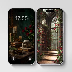 Conjunto de papéis de parede Dark Academia para celular – Fundos góticos de biblioteca para iPhone e Android