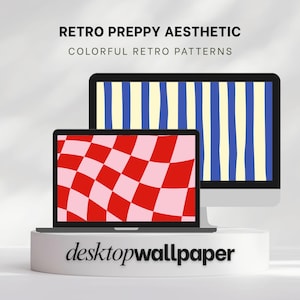 May include: A laptop and desktop computer display retro-style patterns. The laptop screen shows a red and pink checkerboard design, while the desktop monitor displays vertical blue and yellow stripes. The text "desktopwallpaper" is on the base.
