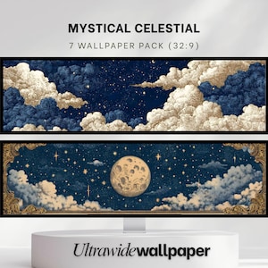 Könnte beinhalten: Zwei Ultra-Wide-Wallpaper mit himmlischen Themen. Das obere Wallpaper zeigt dunkelblauen Himmel, goldfarbene Wolken und einen Mond. Das untere Wallpaper zeigt einen Vollmond, Sterne und verzierte goldene Ränder. Der Text "Mystical Celestial" und "7 Wallpaper Pack (32:9)" sind sichtbar.