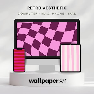 May include: A retro aesthetic wallpaper set featuring a computer monitor, phone, and tablet. The computer displays a pink and purple checkered pattern. The phone has a red and pink striped design, and the tablet shows pink and white vertical stripes. The text "Retro Aesthetic" and "Wallpaper Set" are visible.