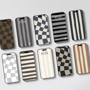 May include: Ten smartphones arranged in two rows, each displaying a unique digital wallpaper. The designs feature various patterns including warped checkerboards, vertical stripes, and horizontal stripes in neutral tones of black, white, gray, and tan.