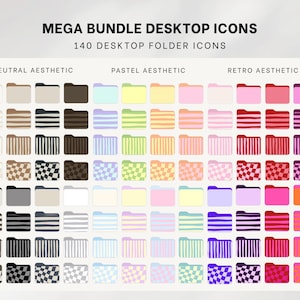 Peut inclure: Ensemble de 140 icônes de dossiers de bureau dans des esthétiques neutres, pastel et rétro. Les icônes présentent diverses couleurs et motifs, notamment des rayures, des motifs à carreaux et des couleurs unies. Le texte "MEGA BUNDLE DESKTOP ICONS" est en haut.