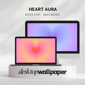 Puede incluir: Un monitor de ordenador y un portátil muestran un diseño degradado en forma de corazón en rosa, naranja y amarillo. También se ve el texto "HEART AURA" y "desktopwallpaper".