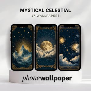May include: Three smartphones with celestial-themed wallpapers are displayed on a white stand. The wallpapers feature illustrations of mountains, a full moon, and stars against a dark blue background. The text "MYSTICAL CELESTIAL" and "17 WALLPAPERS" are at the top.