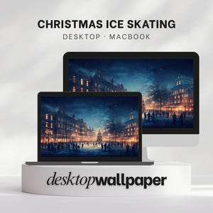 Puede incluir: Un ordenador portátil y un ordenador de sobremesa muestran una escena invernal con un árbol de Navidad y gente. El texto "Christmas Ice Skating" está en la parte superior, con "Desktop" y "Macbook" debajo. La palabra "desktopwallpaper" está en la base.