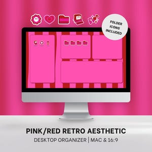 May include: A computer monitor displays a pink and red retro aesthetic desktop organizer. The screen features pink folder icons and a pink and red striped background. The text "FOLDER ICONS INCLUDED" is in a white circle.