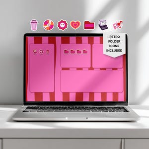 Organiseur de bureau rétro, fonds d'écran rétro rose rouge + icônes de dossiers pour ordinateurs Windows et Mac