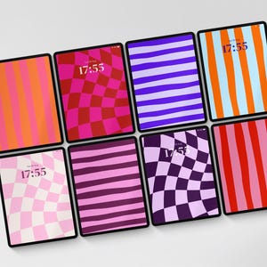 May include: Eight tablets arranged in two rows, each displaying a unique digital wallpaper. Patterns include vertical stripes and distorted checkerboards in vibrant color palettes of pink, red, orange, purple, and light blue, all showing 17:55.