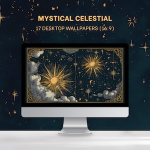 Może przedstawiać: Monitor komputera wyświetla tapetę na pulpicie o tematyce niebiańskiej. Tapeta przedstawia dwa słońca, chmury, gwiazdy i półksiężyc, wszystko w kolorze złotym i białym na ciemnoniebieskim tle. Widoczny jest tekst "MYSTICAL CELESTIAL" i "17 DESKTOP WALLPAPERS (16:9)".