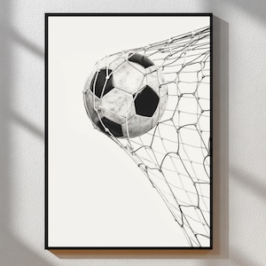Minimalist  Football Poster | Soccer Ball in Net Wall Art | Black and White Football Print | Modern Sports Decor | Soccer Gift | Goal Print
