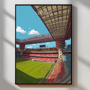 May include: A framed art print of the San Siro stadium, featuring a vibrant illustration of the stadium's architecture. The artwork showcases the stadium's red seating, green field, and the text "SAN SIRO" against a blue sky.