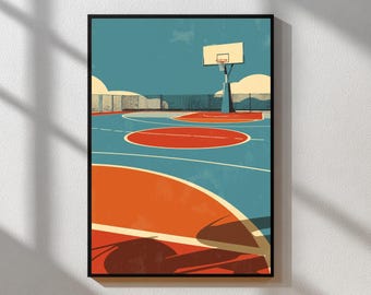 Vintage Basketball Court Poster | Retro Sports Wall Art | Mid-Century Court Illustration | Retro Color Palette | Classic Typography Decor