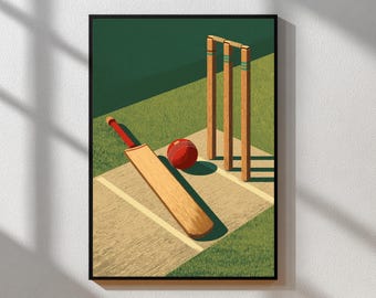 Póster de críquet vintage / Arte mural deportivo retro / Ilustración de wicket, bate y pelota de mediados de siglo / Paleta de colores retro / Decoración tipográfica clásica