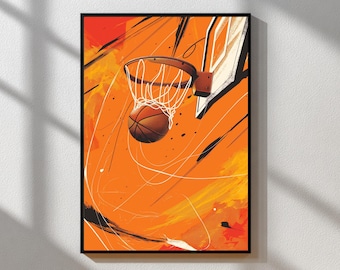 Plakat z motywem koszykówki | Ilustracja do kosza do wsadów | Nowoczesny wydruk sportowy | Pomarańczowa grafika z motywem koszykówki | Dekoracja pokoju sportowego