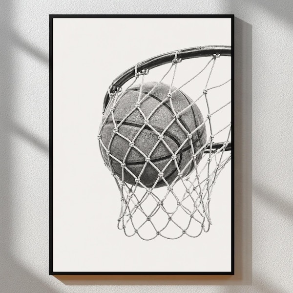 Minimalist Basketball Poster | Ball & Hoop Wall Art | Black and White Basketball Print | Modern Sports Decor | Basketball Gift | Slam Dunk