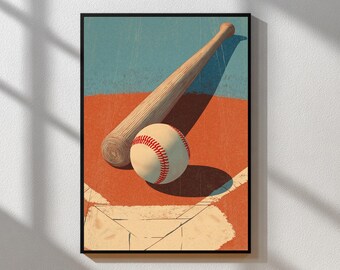 May include: Baseball-themed art print featuring a baseball bat and ball on a baseball field. The artwork has a vintage style with a color palette of orange, blue, and cream. The baseball is white with red stitching.