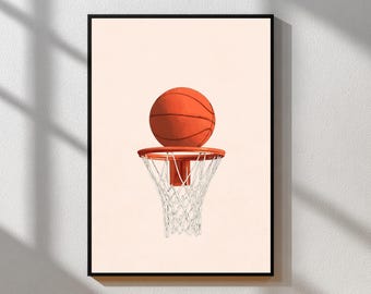 Minimalistyczny plakat ścienny z motywem koszykówki | Nowoczesny plakat z motywem koszykówki i piłki | Neutralny wystrój sportowy | Grafika do pokoju koszykówki