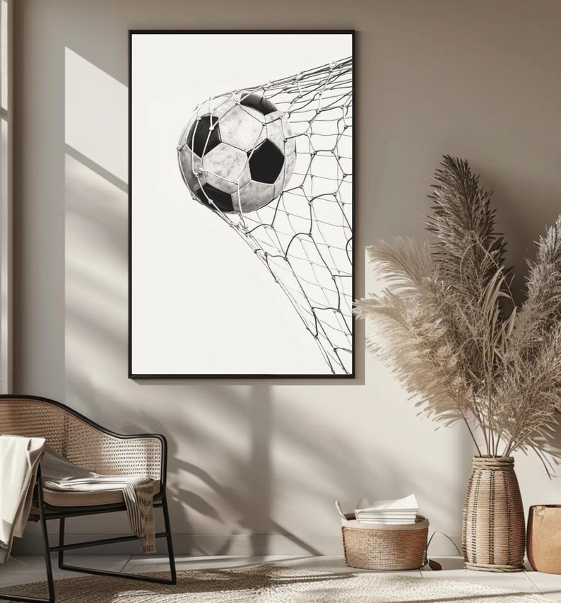 Minimalist Football Poster | Soccer Ball in Net Wall Art | Black and ...