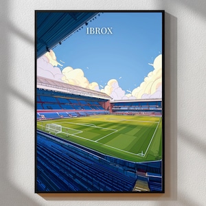 May include: A framed art print of a stadium interior with a green field and blue seating. The sky is a bright blue with fluffy white clouds. The word "IBROX" is printed at the top. The artwork has a cartoon-like style.