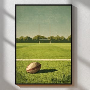 Póster de rugby vintage / Arte mural deportivo retro / Ilustración de poste y balón de mediados de siglo / Paleta de colores retro / Decoración tipográfica clásica