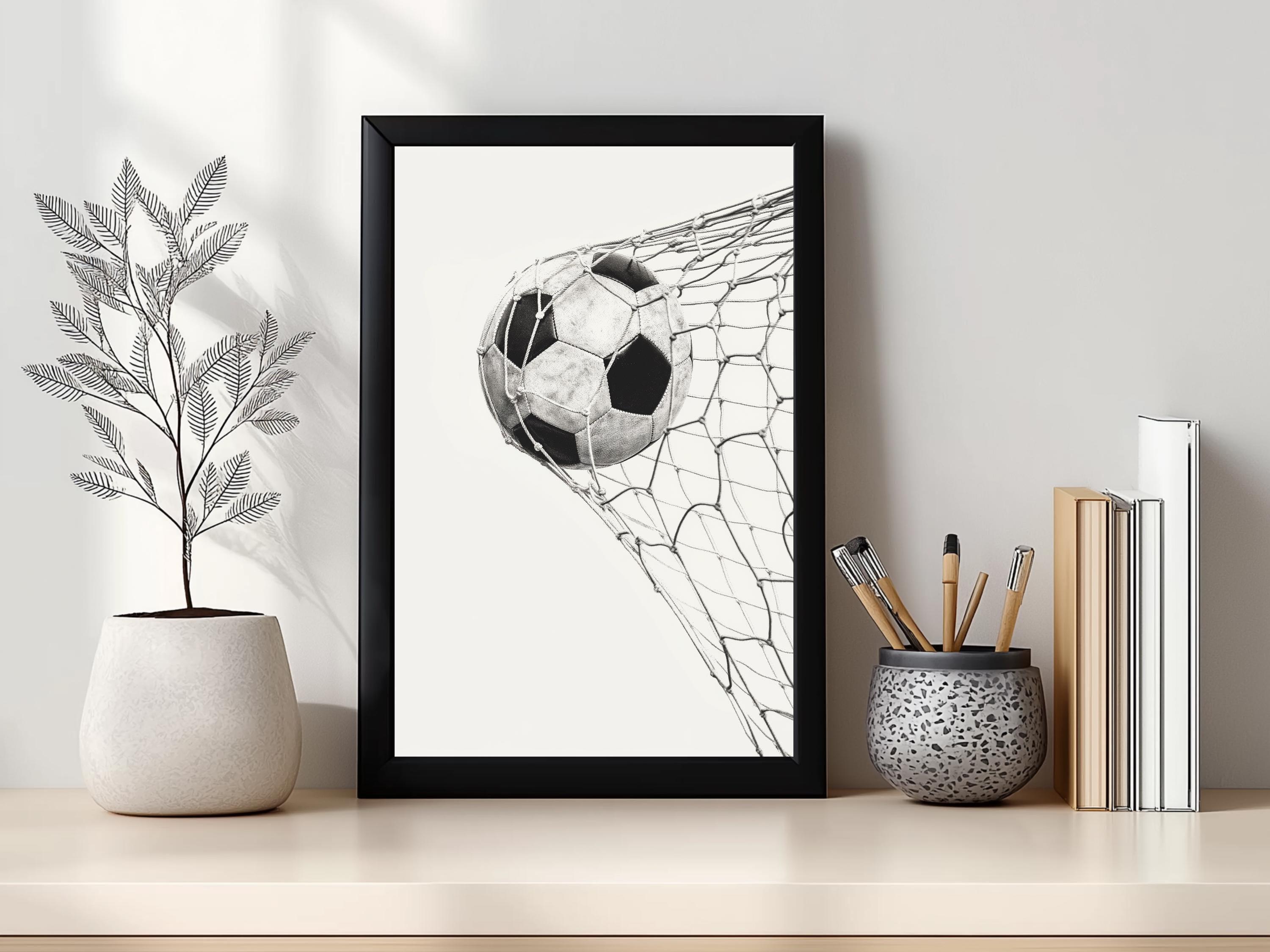 Minimalist Football Poster | Soccer Ball in Net Wall Art | Black and ...