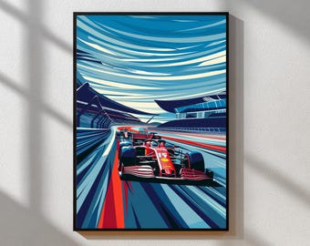 May include: A framed art print featuring a Formula 1 race car speeding along a track. The artwork uses a bold, graphic style with shades of blue, red, and black. The car is red with the number 17. The background depicts a grandstand and sky.