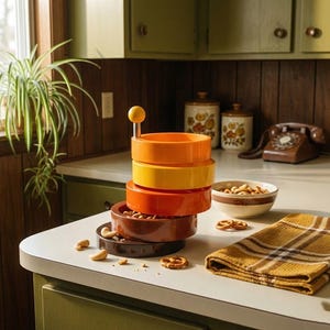 Könnte beinhalten: Ein Snack-Servierer im Retro-Stil mit vier gestapelten, farbenfrohen Schalen: orange, gelb, rot-orange und braun. Der Servierer hat einen gelben Griff. Cashewnüsse und Brezeln sind um den Servierer verstreut.