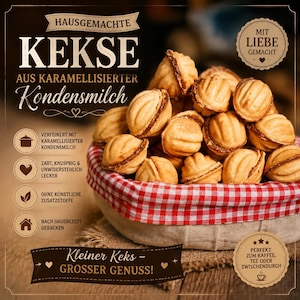 May include: A basket lined with a red and white checkered cloth filled with golden-brown, nut-shaped cookies filled with caramelised condensed milk. The image features German text including 'HAUSGEMACHTE KEKSE' and various descriptive icons.