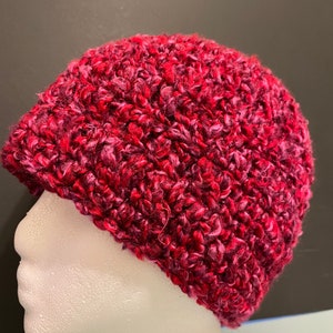 Hand Crocheted Beanie in a Bulky Burgundy Variegated Yarn