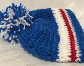 Hand Crocheted Baby Hat in Red/White/Blue and Pom Pom