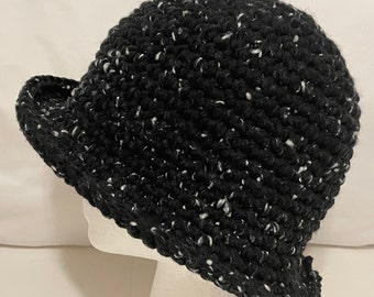 Hand Crocheted Chunky Black Heathered Bucket Style Hat