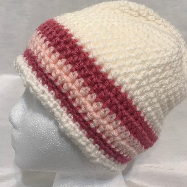 Hand Crocheted Hat in Soft White with Pink & Magenta Colored Border