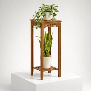 May include: A tall, brown wooden plant stand with a square top and a lower shelf. The stand holds two potted plants: one with green and white striped leaves and the other with yellow and green leaves. The plants are in white pots.