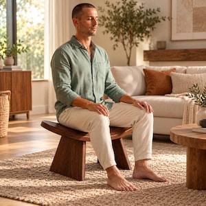 May include: A low-profile meditation stool crafted from dark brown wood with a curved, saddle-shaped seat and two sturdy, angled support legs. The stool features a smooth, natural wood grain finish and a wide, ergonomic design for seated posture.