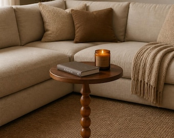 Round Bobbin Wood Side Table, Modern Accent Table, Living Room Furniture