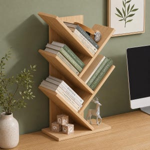 May include: A light wood tree-shaped bookshelf with angled shelves holding several books, including titles like The Kinfolk Home and The Botanical Garden. The unit features a flat base, a small white deer figurine, and three wooden alphabet blocks.