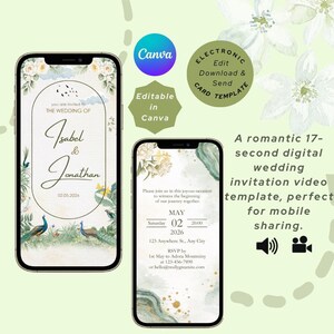 Könnte beinhalten: Digitale Hochzeitseinladungsvorlage auf zwei Smartphones. Das Design zeigt florale Elemente, Pfauen und die Namen "Isabel & Jonathan". Die Vorlage ist in Canva bearbeitbar und ist ein Video für das mobile Teilen.
